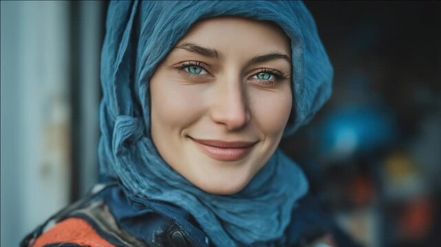 Close-up portrait of a woman wearing a blue hijab and patterned clothing, with bright blue eyes and a gentle smile; a softly blurred background enhances her calm, warm presence