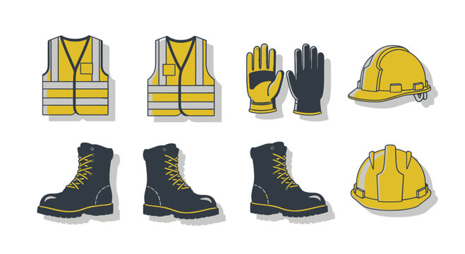 Industrial Safety Equipment Vector Illustration with Hard Hat Work Boots and Reflective Vests