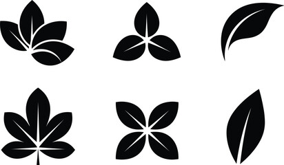 Obraz premium Vector illustration set of black leaf silhouettes featuring various organic shapes and foliage arrangements for eco friendly branding and nature logo design