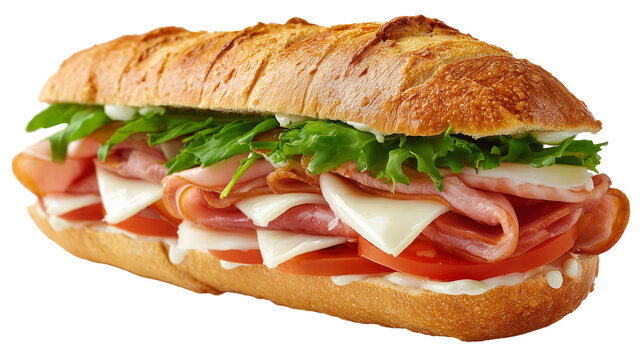 Delicious italian sub sandwich with ham, cheese, lettuce, and tomato on a crusty baguette isolated on transparent background