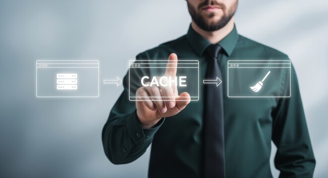 Businessman clearing digital data cache with finger on transparent screen, symbolizing data management and optimization