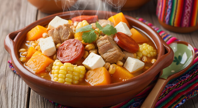 Hearty Peruvian Locro de Zapallo soup with pork chorizo corn and cheese served in a rustic bowl with traditional textile a comforting meal