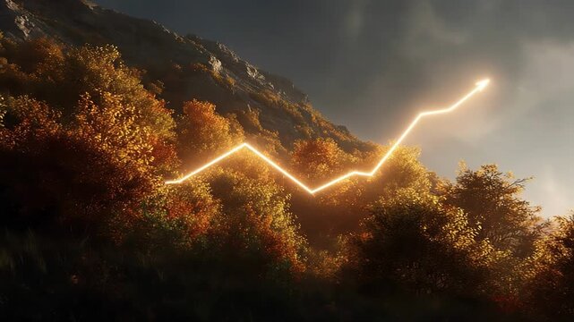 A glowing neon line graph arcs across an autumn hillside, weaving through golden trees at sunset; the rising zigzag ends in a bright arrow, merging data visualization with a serene landscape
