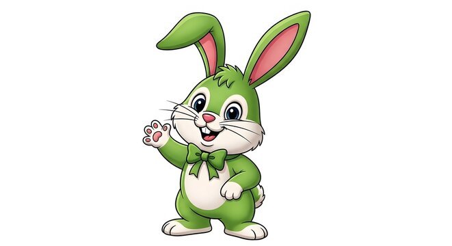 Green cartoon bunny rabbit waving hello on a white background