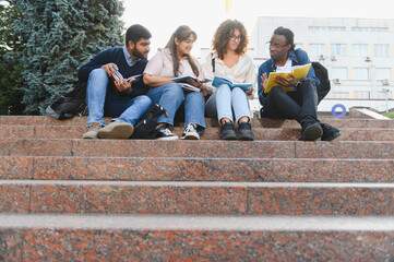 Fototapeta premium Diverse students studying together on university stairs
