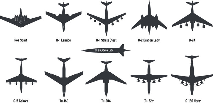 Collection of military aircraft silhouettes including strategic bombers transport planes and reconnaissance jets like the B-2 Spirit and C-130 Hercules for aviation design