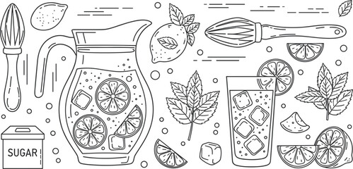 Hand drawn line icon set for fresh lemonade featuring pitcher glass with ice cubes lemon slices mint leaves sugar and citrus juicer © MdGohurul