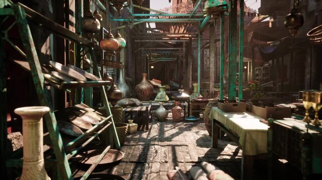 outdoor souk scene with tables of pottery and metal vessels under steel framework, dynamic shadows and warm highlights, energetic market composition