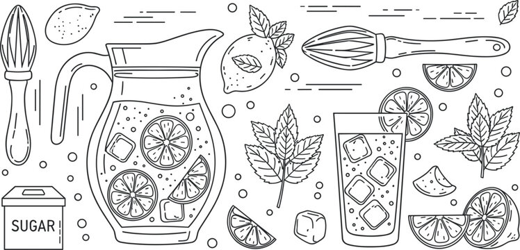 Hand drawn line icon set for fresh lemonade featuring pitcher glass with ice cubes lemon slices mint leaves sugar and citrus juicer