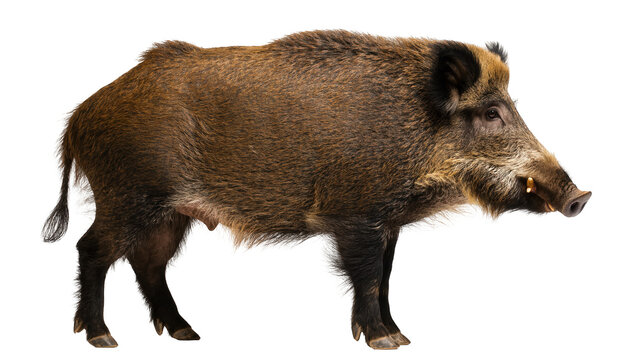 Full body profile of a large adult wild boar with dark brown bristly fur and prominent tusks
