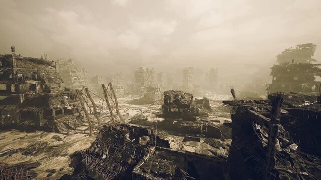 Skeletal skyline under pale light and hush, broken frames and jagged towers puncture flat landscape, shallow pools reflecting muted sky, atmosphere of eerie