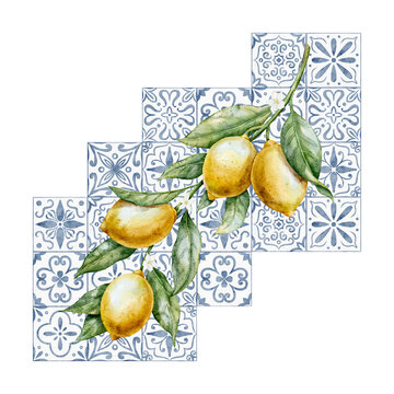 Lemon watercolor composition with Citrus Branch and ornamental ceramic tiles. Mediterranean style illustration isolated for kitchen decor, interior design, packaging and menu design.