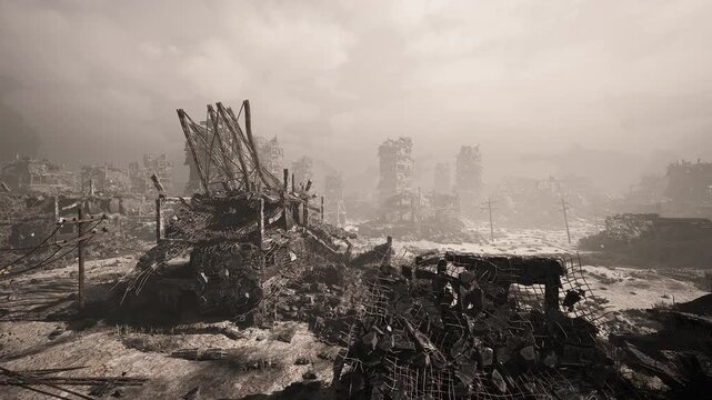 Gritty postapocalyptic urban ruin vista, shattered buildings and tangled metal under heavy cloud, highcontrast sepia evokes survival and memory, strong