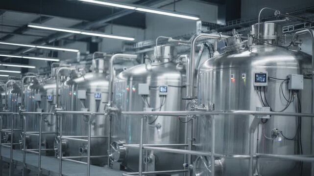 Medium shot focusing on smart factory environment with mixing tanks equipped with IoT sensors transmitting continuous realtime data for process optimization.