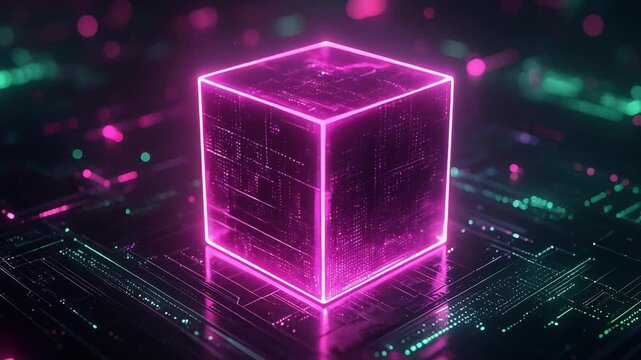 Neon pink holographic cube hovering in cyber grid environment illustrating virtual data architecture concept