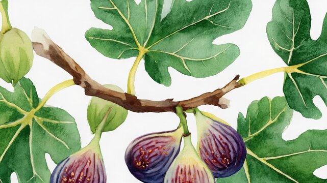 Watercolor Illustration of Ripe Figs on Branch, Detailed Botanical Art for Food and Nature Themes