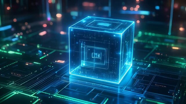 Blue glowing holographic cube floating above cyber grid representing cloud computing and data systems