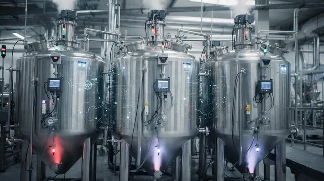 Medium shot focusing on smart factory environment with mixing tanks equipped with IoT sensors transmitting continuous realtime data for process optimization.