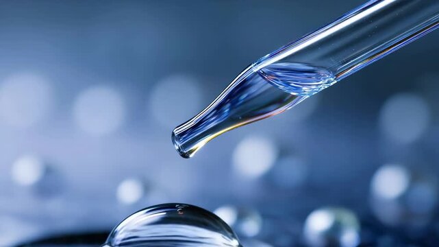Macro shot of a clear droplet on a glass pipette, illuminated by cool blue lab lighting; the curved surface creates a jewel-like reflection against a soft, blurred blue background