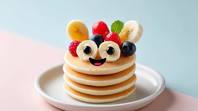 Creative pancake stack with fruit smile and googly eyes on light background