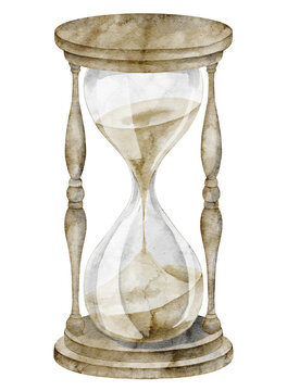 Hourglass watercolor illustration of glass timer with sand and vintage frame. Antique time measuring object on isolated background for concept design, decor, branding and symbolic compositions.