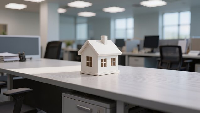 Small white house model on a modern office desk representing the connection between professional growth real estate innovation and the dream of a sustainable home legacy.