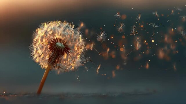Macro shot of a dandelion seed head on a slender stem, lit by warm sunset light from the left; seeds drift away through a soft blue background, creating a dreamy, ephemeral moment
