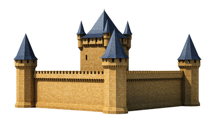 Majestic fairytale stone castle with blue roofs, towering walls, and impressive architecture © Nuria