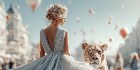 Naklejka premium Elegant woman with lioness and balloons. Creative setting showcasing stylish woman and lioness