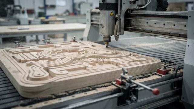 Medium shot of CNC machine slicing laminated plates with precise routing highlighting intricate pattern cutting for nested parts on a factory floor.