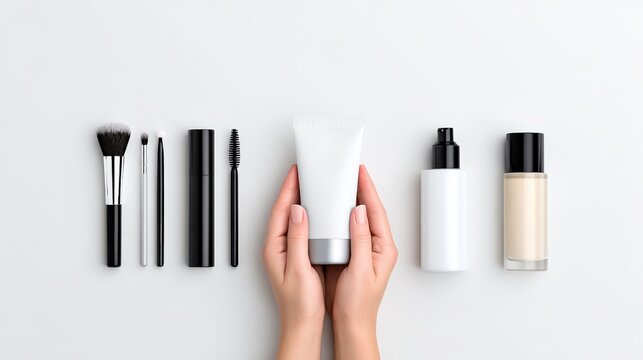 Hands holding a white cosmetic tube surrounded by various makeup brushes and skincare products on a light gray background, showcasing a beauty and skincare arrangement for personal care routines