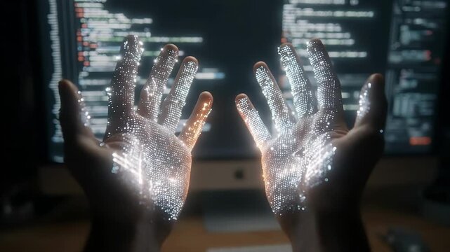 Two hands formed from glowing digital particles hover in a dark, high-tech workspace; tiny lights trace the fingers as code-lit screens glow in the background, suggesting a display interface
