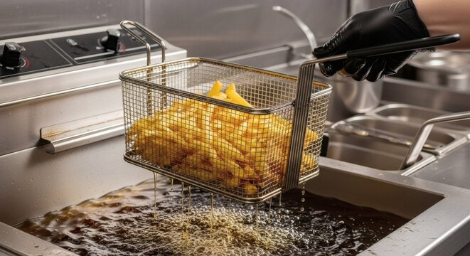 Hand in black glove removing golden french fries from commercial deep fryer with hot oil dripping from basket
