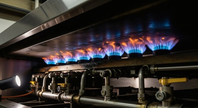 Close-up of industrial gas burners with bright blue and orange flames heating a metal surface, showing intricate piping and valves in a commercial kitchen.