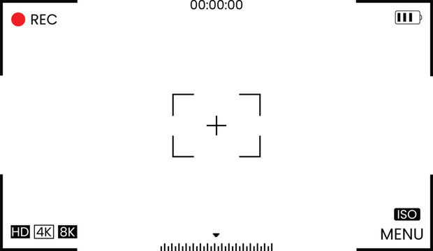 Transparent camera viewfinder overlay with recording indicators timecode focusing marks and technical photography settings for overlaying on images and videos in post production editing work