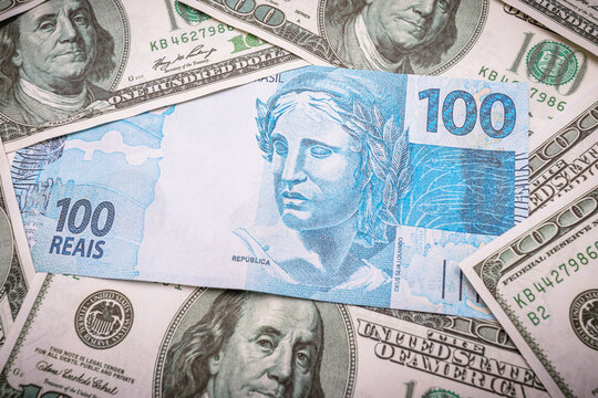 Brazilian Real and US Dollar Close-Up Representing Currency Exchange. global economy, emerging markets