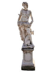 Obraz premium Ancient greek male sculpture with dog on plinth isolated on a white background