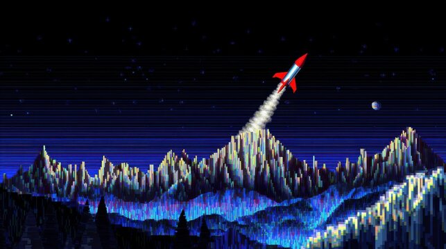 Retro pixel art rocket launching over a vibrant alien mountain landscape at night spaceship