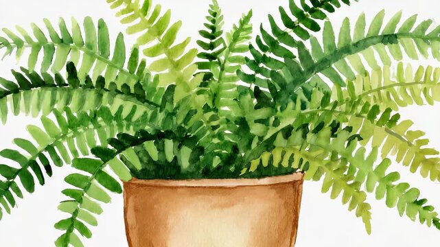 Watercolor Illustration of a Lush Green Fern Plant in a Terracotta Pot, Botanical Art, Natural Decor