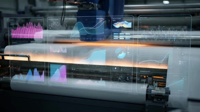 Medium shot of automated system monitoring digital twin outputs to finetune curing and cooling parameters in laminate production for consistent results.