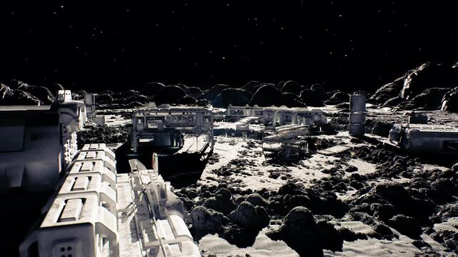 lunar construction site at night showing robotic arms and assembly platforms, rover excavators and material bays dot regolith, engineering crew role implied