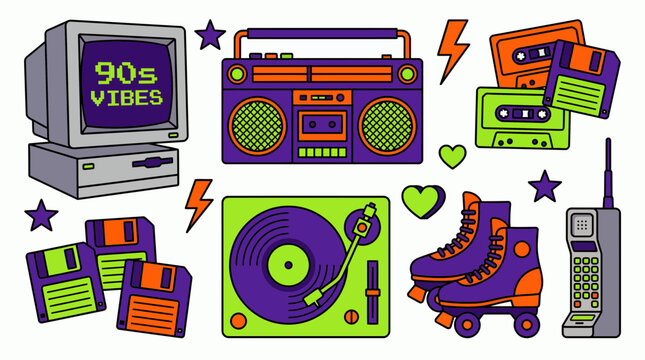 Retro 90s nostalgia icons set featuring boombox, CRT computer, vinyl player, roller skates and floppy disks in flat vector style, concept for vintage design, pop culture and retro parties