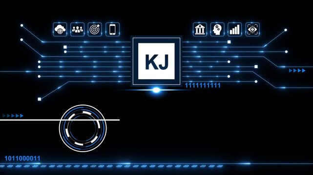 Futuristic Technology Interface with K J and Digital on Dark Background KJ digital circuit board