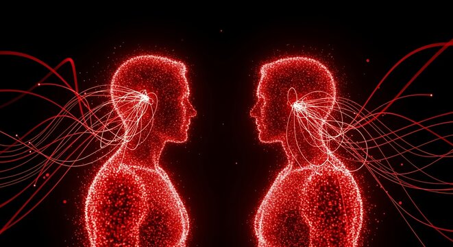Two glowing human silhouettes facing each other composed of red digital particles and light lines