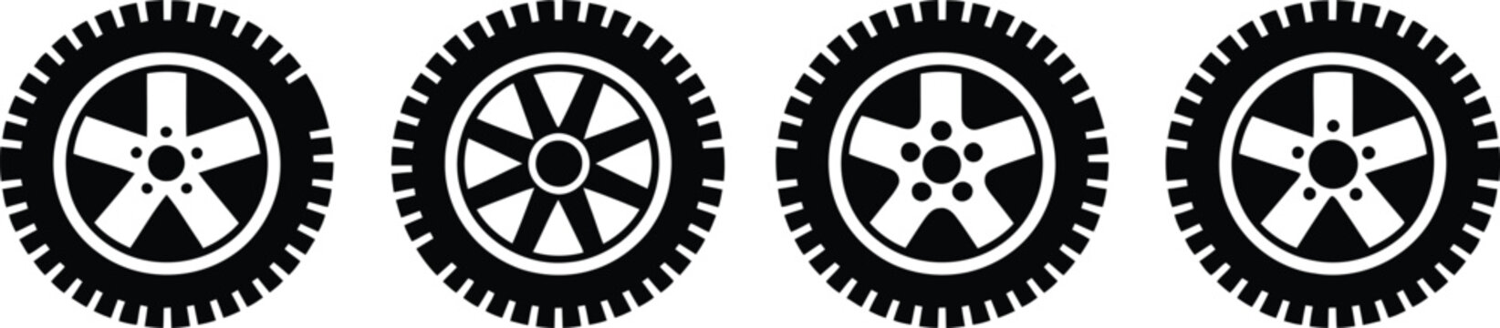 car tire icons with different rim designs isolated on white background for automotive transport and garage.
