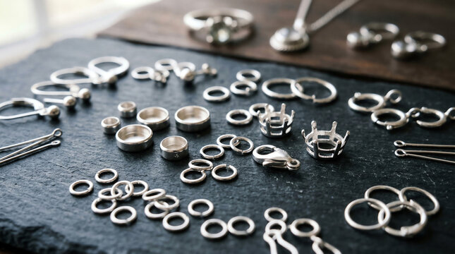 Sterling silver bezel cups and jewelry findings with jump rings and clasps