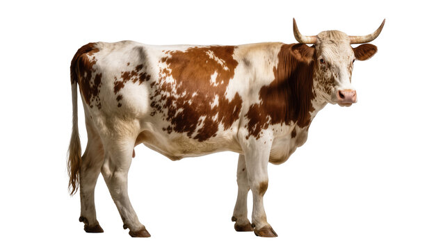 Robust brown and white adult cow with striking horns standing in a full body studio view