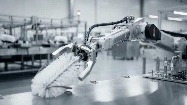 Medium shot of an industrial robotic arm swapping a cleaning brush attachment highlighting automated maintenance and hygiene processes in manufacturing.