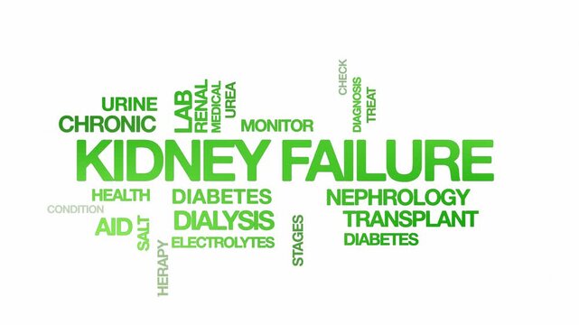 Kidney failure concept Animated Tag Word Cloud kinetic typography, Text Design Animation typography seamless loop video motion graphics Intro Wordart arrangement green type on white background