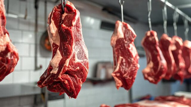 Hanging raw beef cuts in refrigerated meat processing facility showing professional food production environment